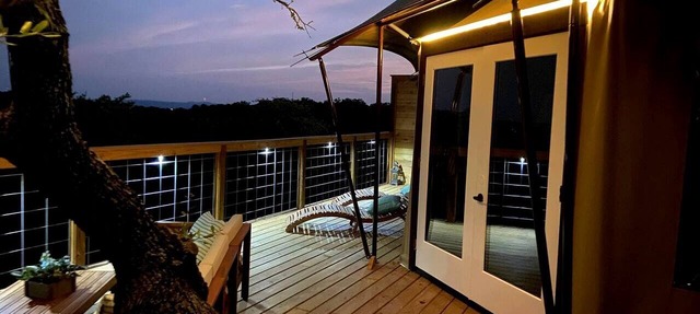 Luxury Hilltop Safari Tent with Private Hot Tub near Lake Travis in Marble Falls, Texas in Travis County
