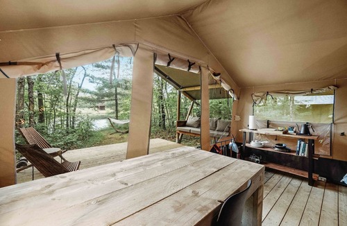 North Woodstock RV Rental | Secluded Safari Tent with Amazing Lakefront Vistas, Sauna and Barbecue in North Woodstock, New Hampshire