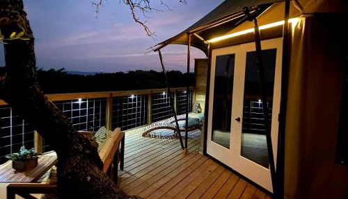 Luxury Hilltop Safari Tent with Private Hot Tub near Lake Travis in Marble Falls, Texas in Smithwick